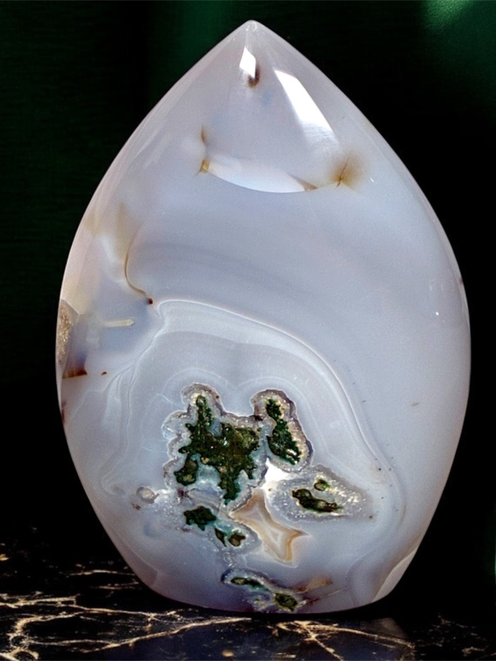Blue Chalcedony & Moss Agate Flame • Druzy Freeform Crystal • Collector Display